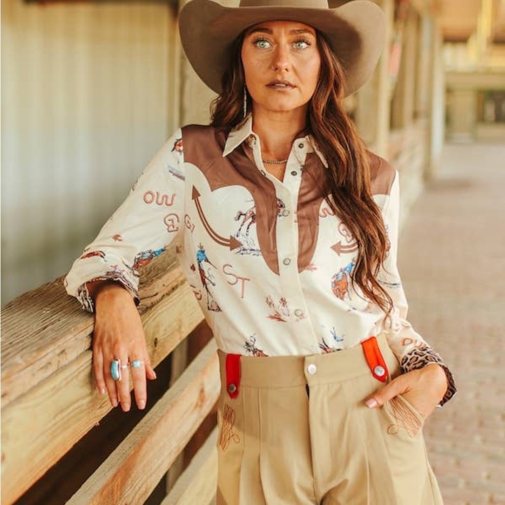 Lucky & Blessed Western Button Down Shirt in Cream and Brown